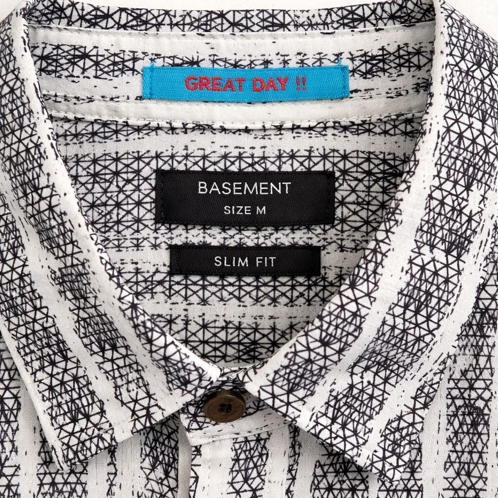 Basement Slim Fit Abstract Print Shirt M Viscose Button Up Short Sleeve